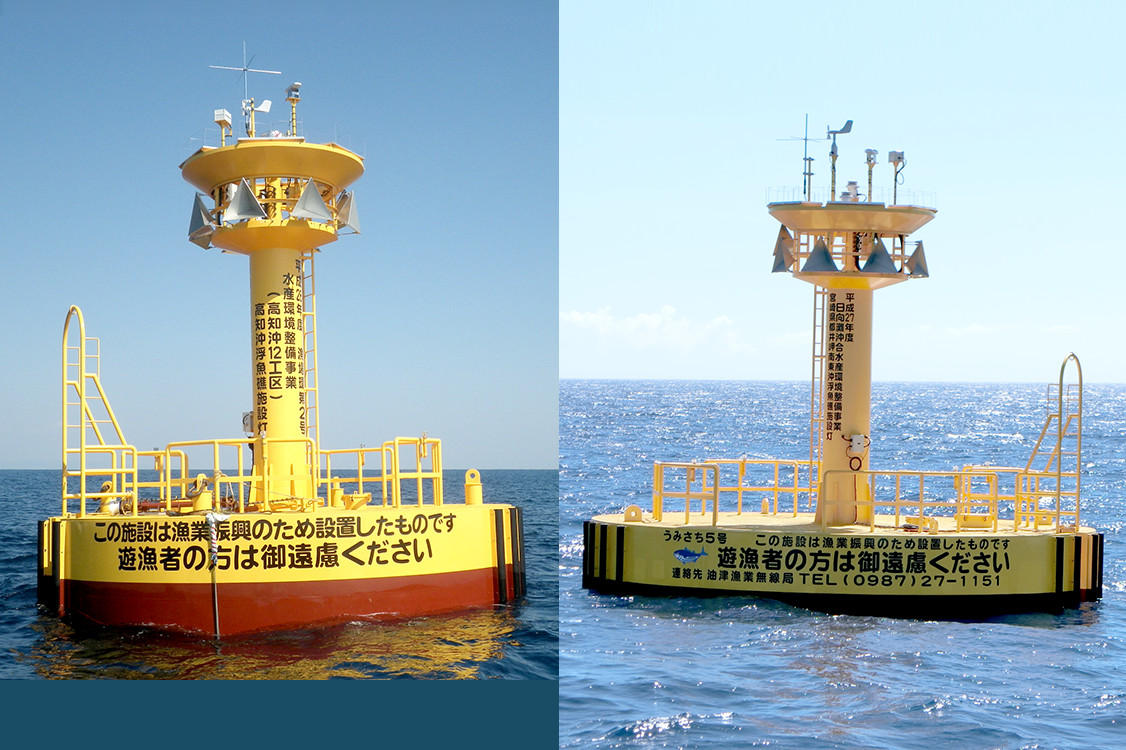 鋼製表層型浮魚礁　土佐黒潮牧場（高知県）左側 / 日向灘沖合漁場整備（宮崎県）右側